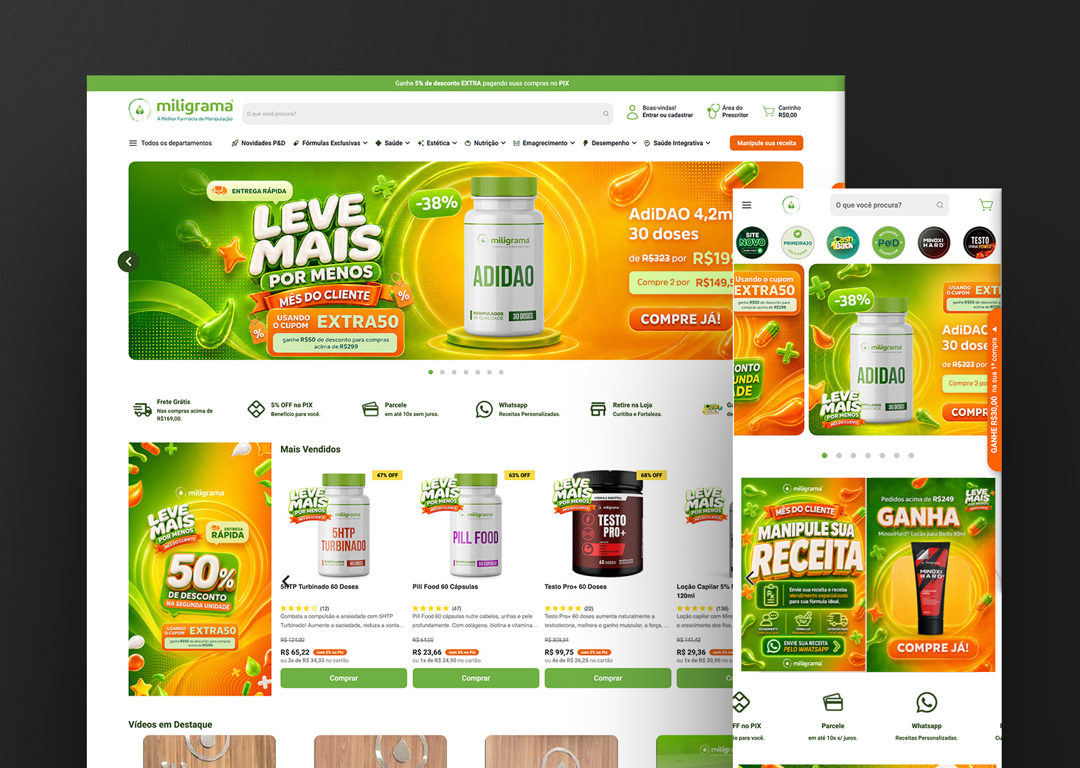 Interface do e-commerce Miligrama em desktop e mobile
